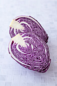 Red pointed cabbage, halved