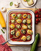 Involtini di zucchini - zucchini rolls with ricotta and spinach in tomato sauce (Italy)