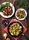 Vegan cooking for Christmas: brusselsprouts with nuts, veggie meatballs, vegetarian sausage