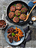 Vegan patties, grilled carrots and mushroom sauce