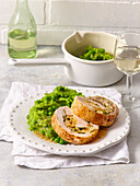 Chicken roll with green pea puree