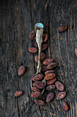 Kakaobohnen mit Löffel auf Holzuntergrund