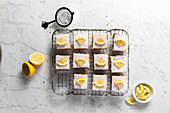 Tray of lemon bars with icing sugar and lemons