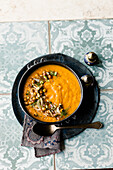 Oriental root vegetable soup with roasted chickpeas