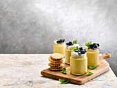 Mango mousse with blueberries and shortbread