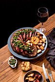 Eye Round Steak with herb sauce, garlic and potatoes
