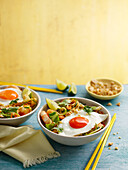 Thai style zucchini with prawns and fried eggs