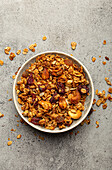 Bowl with crispy homemade granola, oatmeal, seeds, nuts and berries