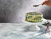 Vegane Torte mit bunten Zuckerperlen dekorieren