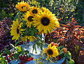 Sonnenblumenstrauß mit Fenchelblüten, Schneeballbeeren und Lampionblume auf Beistelltisch