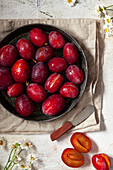 A vintage tin filled with homegrown red plums