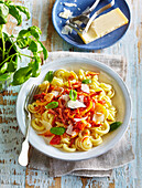 Pasta with chorizo, bell pepper, and tomato sauce