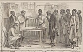 African American men registering to vote, illustration