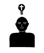 Person and lightbulb with cross symbol