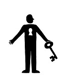 Figure holding key to lock, illustration