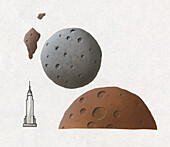 Asteroid sizes compared, illustration