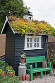 Garden shed with planted roof