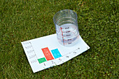 Rainfall chart and container full of rainwater