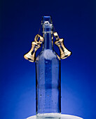 Glass bottle, two weights, copper wire, ice cube