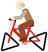Elderly man riding bike with triangular wheels, illustration
