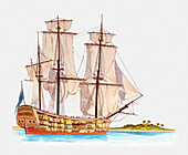 HMS Endeavour off coastline, illustration