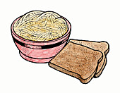 Bowl of spaghetti and two slices of wholegrain bread
