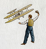 Man waving his hat and looking towards a flying plane, illustration
