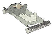 Man lying on modified poncho bed, illustration