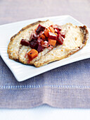 Butterflied mackerel with sweet potato and beetroot pickle