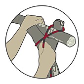 Man tying arbor knot on jungle A-frame, illustration