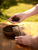 Filling pot with seed compost