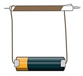 Needle and wire attached to battery, illustration