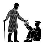 Wealthy man giving money to poor, illustration