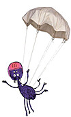 Spider wearing a parachute and a pink helmet, illustration