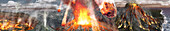 Erupting volcano with fireballs in sky, illustration