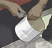 Making an improvised shower using metal tin, illustration