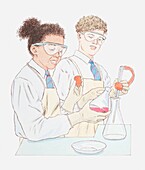 Schoolgirl and schoolboy conducting experiment, illustration