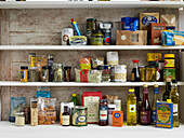 Various cooking ingredients on shelves