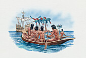 Tainos tribesmen rowing a canoe, illustration