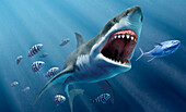 Great white shark followed by shoal of fish, illustration