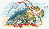Elderly lobster using a walking frame, illustration