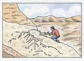 Scientist chipping away around a fossil, illustration