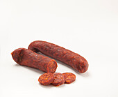 Chopped, halved and whole Mangalica, long Hungarian sausage