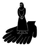 Muslim woman standing on outspread hands, illustration