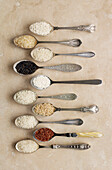 Spoons containing different types of rice