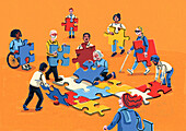 People cooperating to complete jigsaw puzzle, illustration