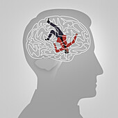 Man trapped inside tangled brain, illustration
