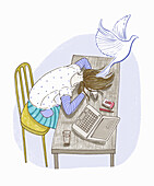 Woman taking a break slumped over desk, illustration