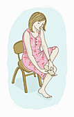 Woman massaging her own foot, illustration