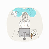 Woman meditating at work, illustration
